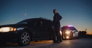 A police officer conducting a nighttime traffic stop, standing by the window of a car with police lights flashing in the background