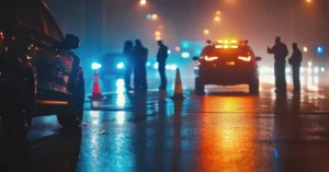 A nighttime DUI checkpoint with police cars, traffic cones, and silhouetted officers