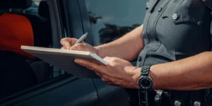 A police officer in a dark uniform standing beside a car, writing on a notepad