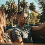 Man driving a vintage convertible with a woman passenger on a sunny day in California, palm trees lining the street