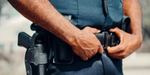 A police officer holding their utility belt with holstered gear visible