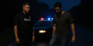 Police officer conducting a nighttime field sobriety test as a driver balances on one foot beside a dimly lit road
