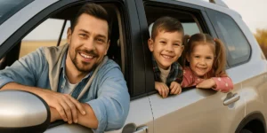 Father driving with two children in the back seat