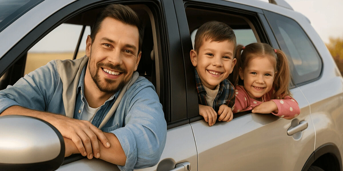 Father driving with two children in the back seat