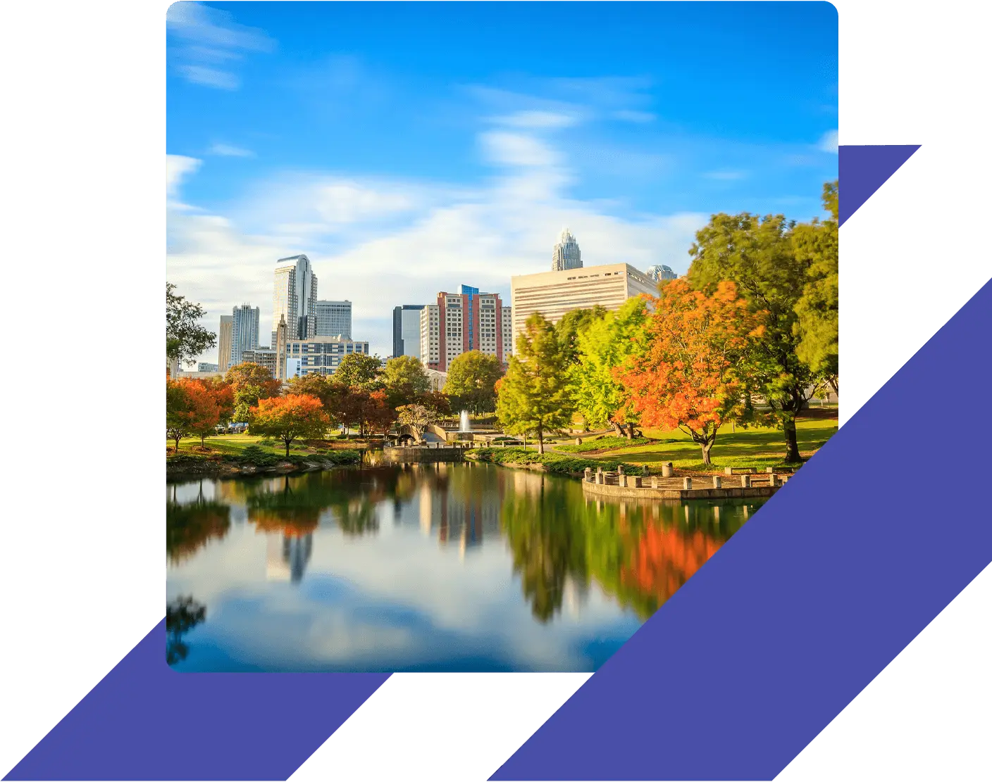 Charlotte skyline reflected in a park lake during autumn
