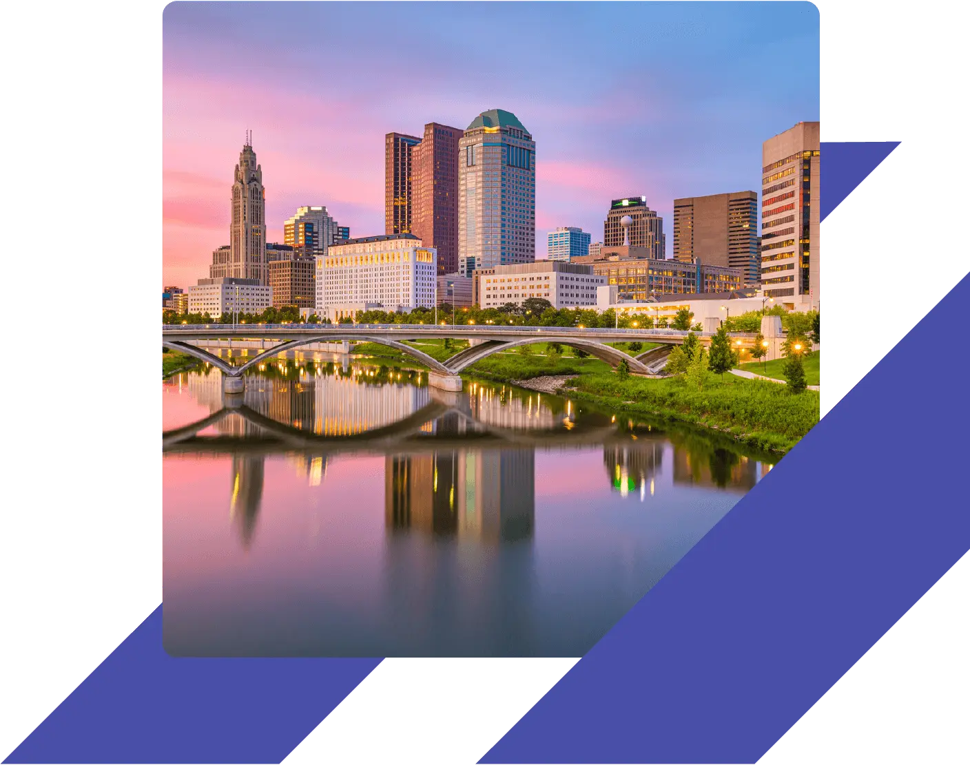 The Columbus, Ohio skyline at dusk, with high-rise buildings reflecting on the Scioto River and the arched Main Street Bridge in view.