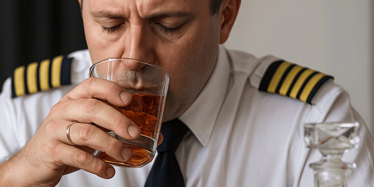 A commercial airline pilot in uniform sipping whiskey from a glass with a somber expression