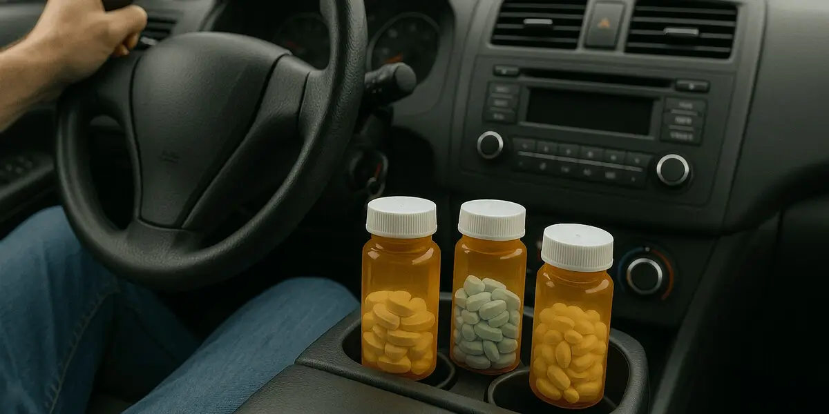 Driver holding steering wheel with three prescription pill bottles visible in the center console