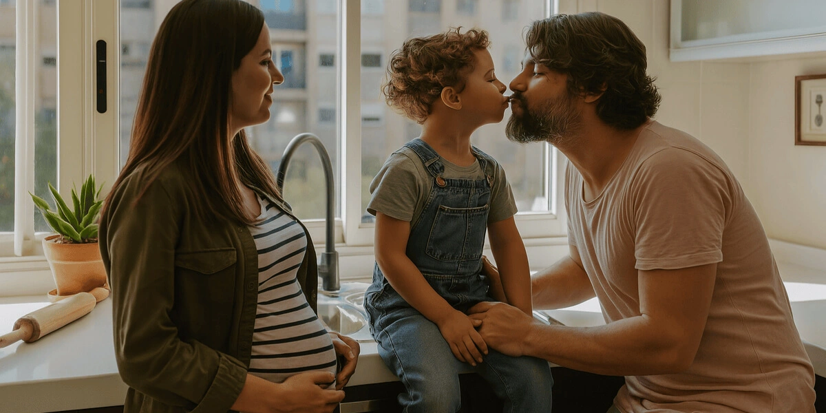 Happy family shares a tender moment in the kitchen while navigating life after a DUI