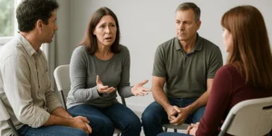 Four adults sit in a circle of folding chairs in a bright room during a victim impact panel