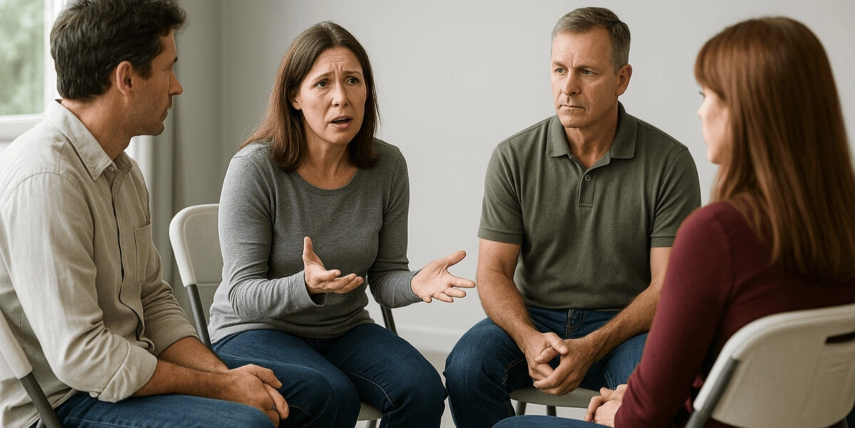 Four adults sit in a circle of folding chairs in a bright room during a victim impact panel