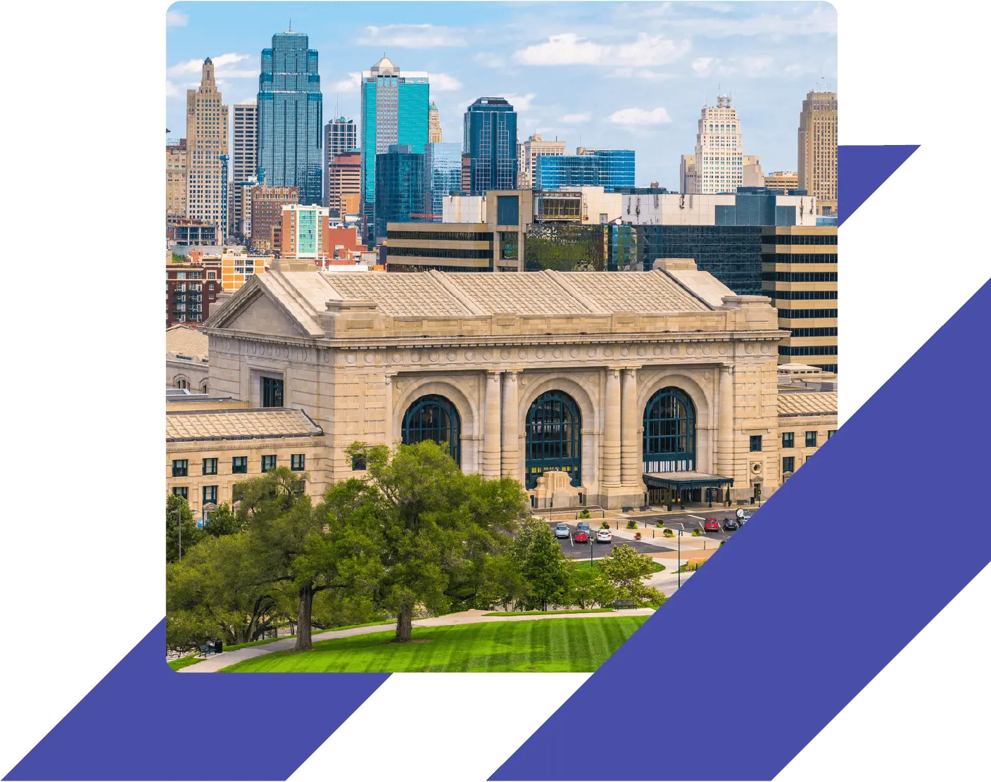 Union Station in Kansas City, Missouri, with the downtown Kansas City skyline in the background.