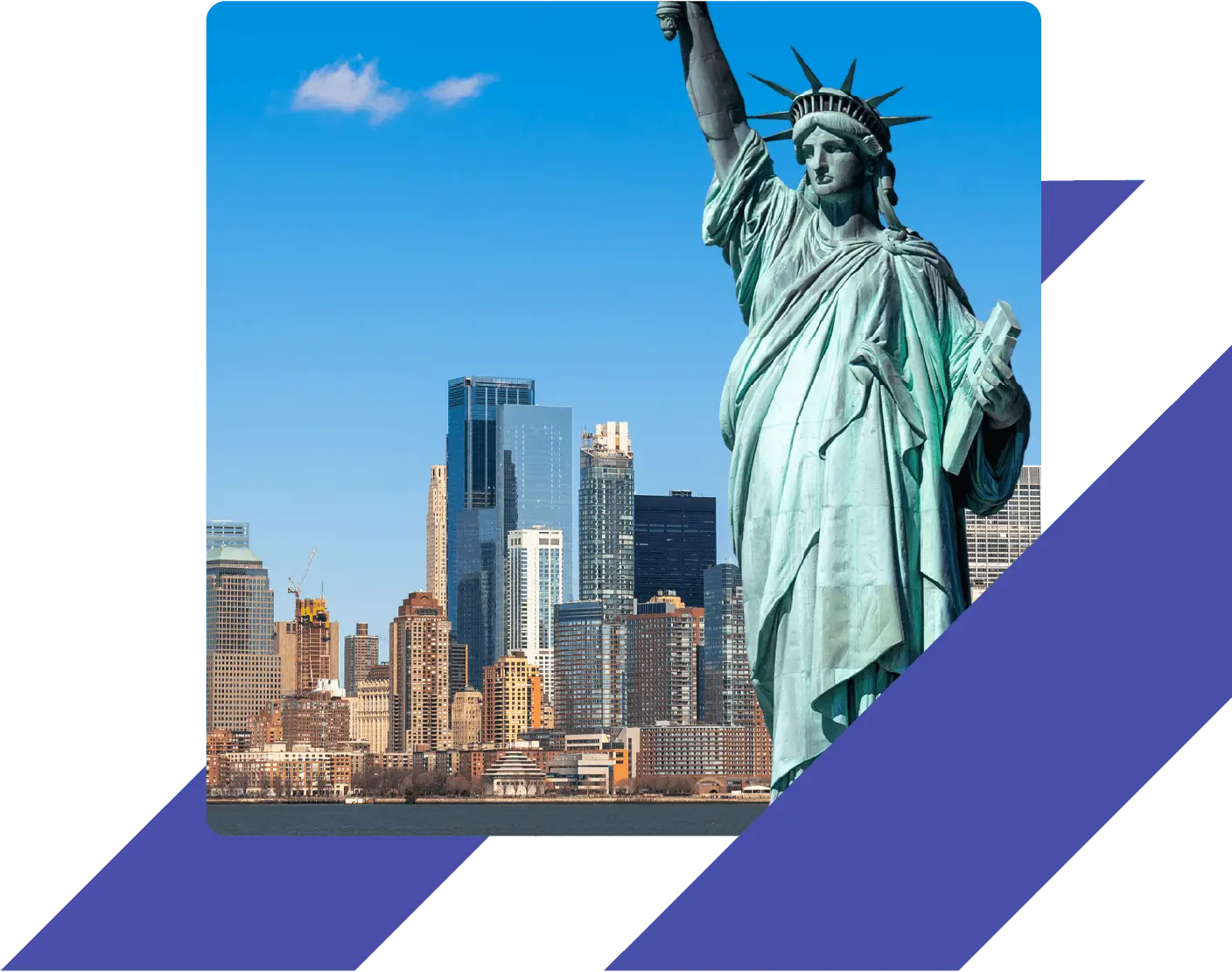 The Statue of Liberty stands tall in the foreground with the New York City skyline, featuring skyscrapers, in the background under a clear blue sky.