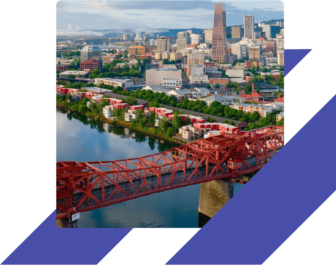 Downtown Portland, Oregon skyline with the red Broadway Bridge crossing the Willamette River on a partly cloudy day.