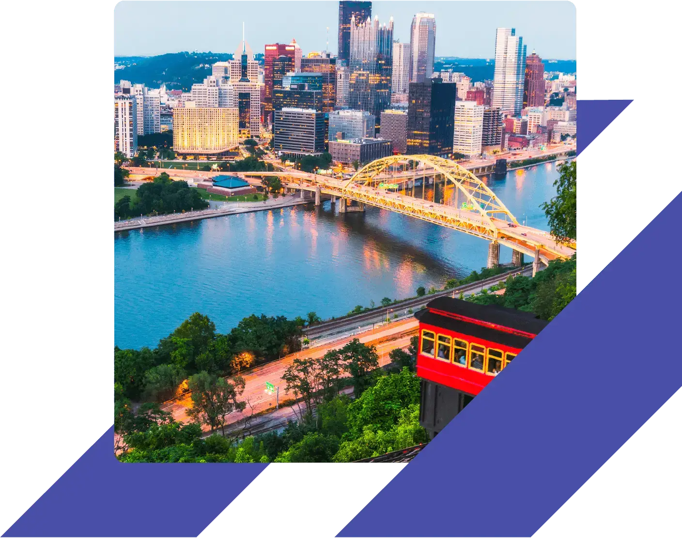 Downtown Pittsburgh skyline at sunset with the Fort Pitt Bridge spanning the river and the Duquesne Incline in the foreground.