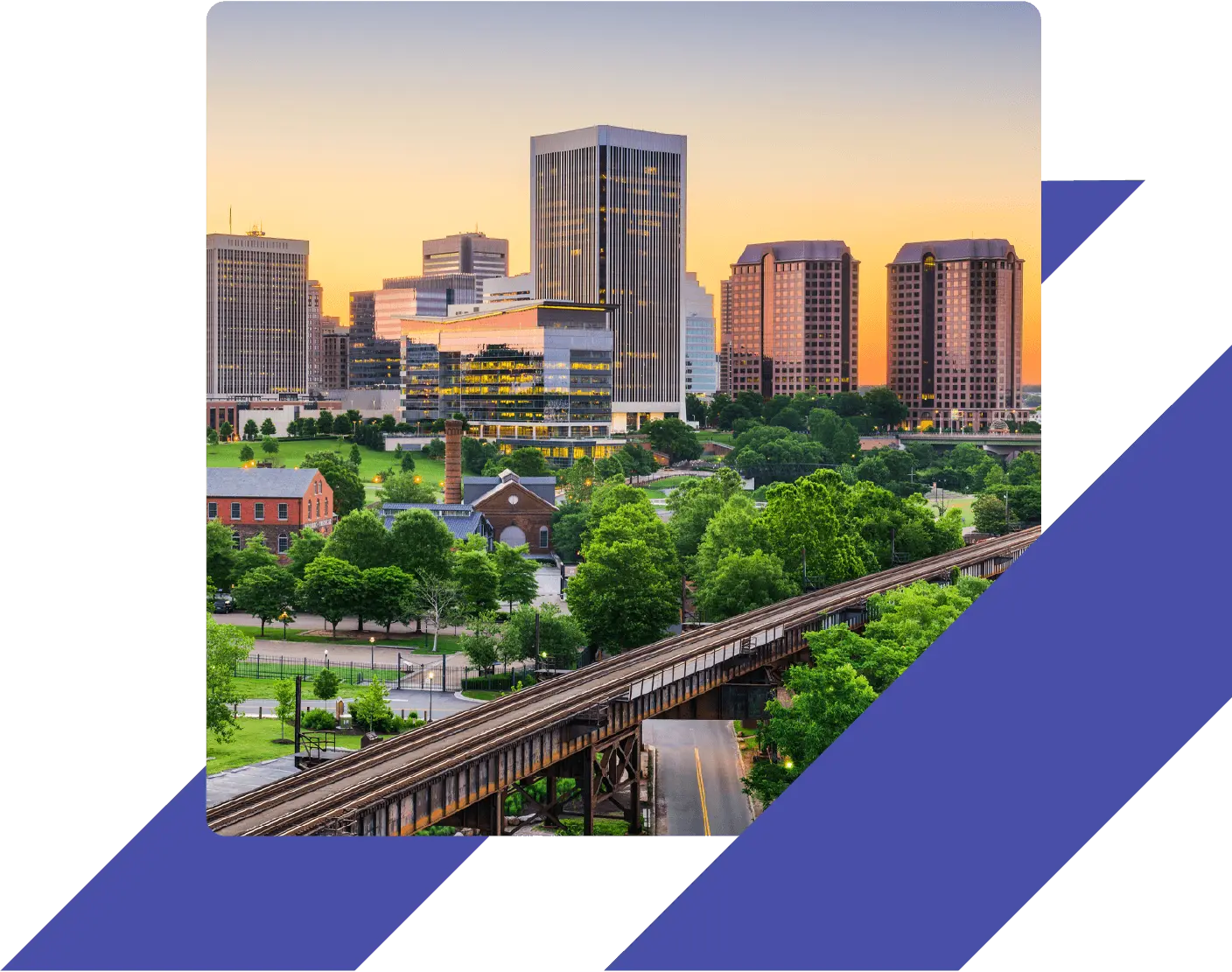 Downtown Richmond, Virginia skyline at sunset with train tracks, historic buildings, and tree-lined streets in the foreground.