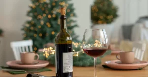 A bottle and a glass of wine on a table.