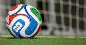 A zoomed in picture of a soccer ball on the ground.